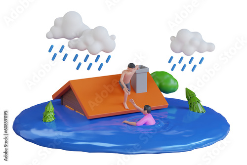 3D Flood in town, natural disaster with rain at countryside area with flooded buildings. Flood natural disaster with house, heavy rain and storm , damage with home, flooding water in city.