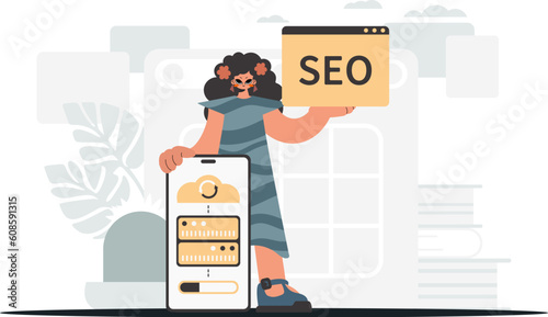 The exuberant lady is holding a information cloud and a server. Synchronization and security of information capacity concept. Trendy style, Vector Illustration