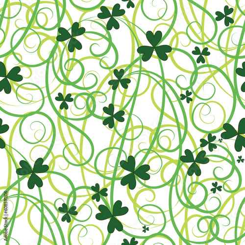 Seamless flower shamrock leaves. Background clover vector. Green wallpaper. St. Patrick's Day. Irish illustration.