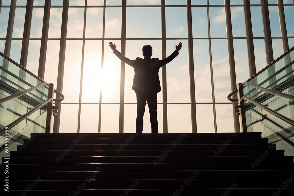Silhouette of businessman celebrating raising arms. Generative AI Silhouette of businessman celebrating raising arms. Generative AI