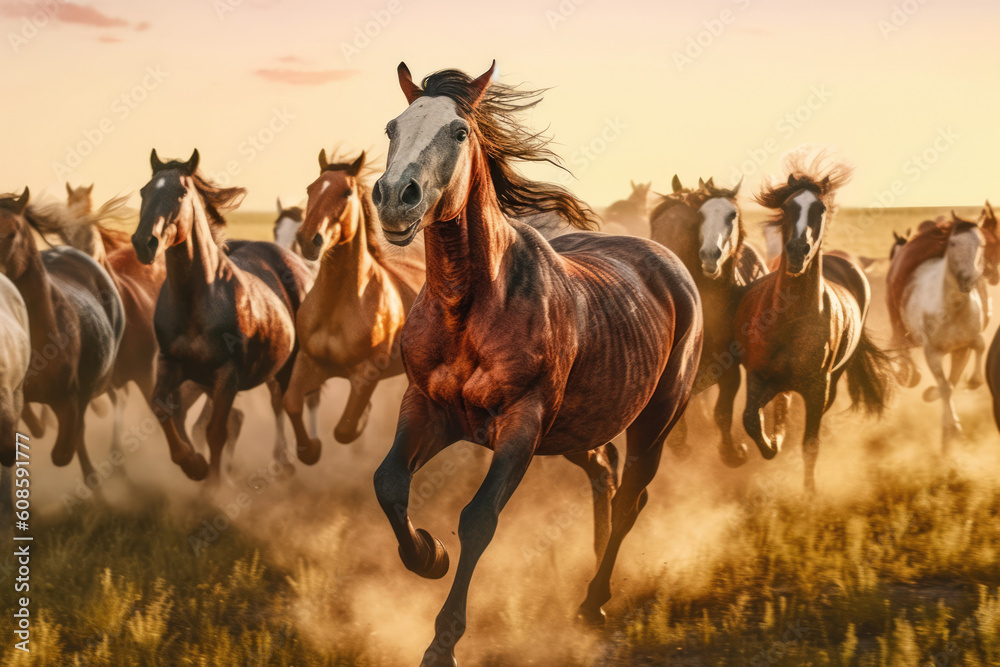The colorful ranch horses galloped on the sunrise dusty plains