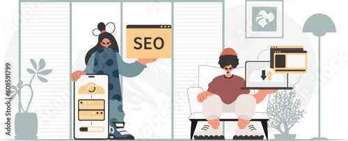 A collect of SEO stars. Synchronization and security of information capacity concept. Trendy style, Vector Illustration