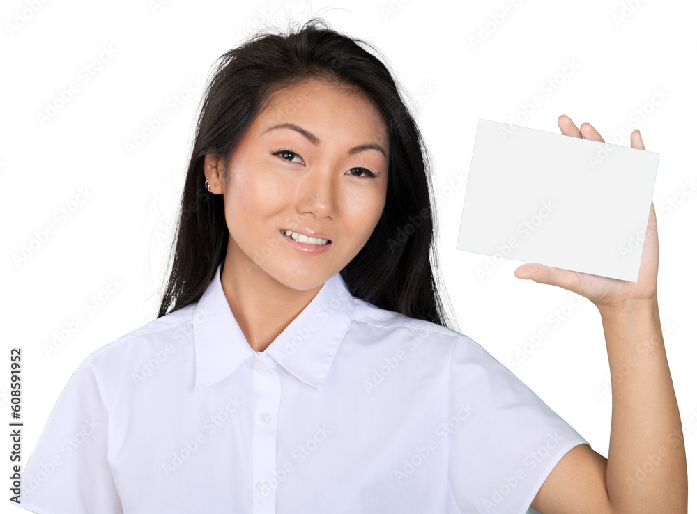 Friendly Asian Woman Holding a White Placeholder - Isolated Friendly Asian Woman Holding a White Placeholder - Isolated