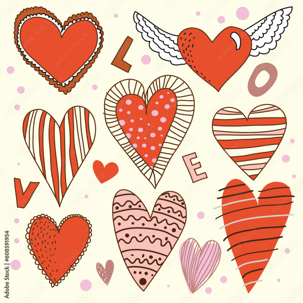 Cartoon red and pink design hearts set with letter