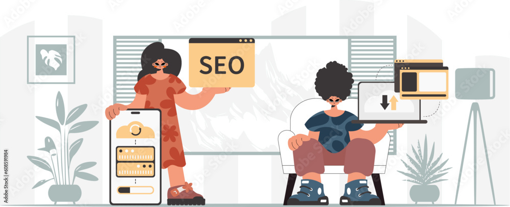 A gather of SEO aces. Synchronization and security of data capacity concept. Trendy style, Vector Illustration A gather of SEO aces. Synchronization and security of data capacity concept. Trendy style, Vector Illustration