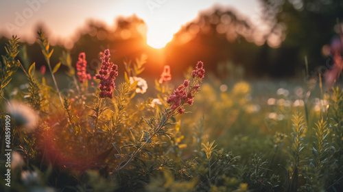 A field of flowers by a lake with the sun setting behind it.generative ai © S...