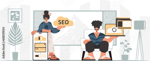 A collect of SEO stars. Synchronization and security of data capacity concept. Trendy style, Vector Illustration