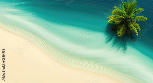 Overhead view of tropical beach with one palm tree sand and water with. copy space summer background generative ai illustration
