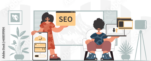A gather of SEO aces. Synchronization and security of data capacity concept. Trendy style, Vector Illustration