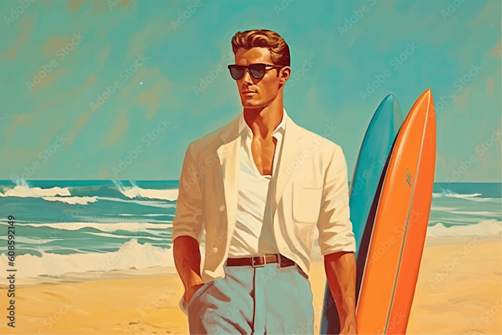 Handsome surfer stands on the seashore in retro style. Generated AI