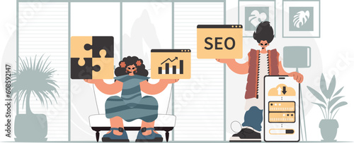 A collect of SEO stars. Synchronization and security of data capacity concept. Trendy style, Vector Illustration