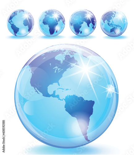 Set of 5 bright blue earth marbles. Eps 10 transparencies used on other than normal blending mode.