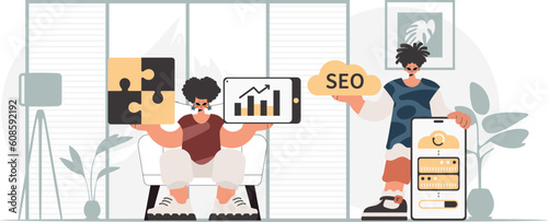 A collect of SEO stars. Synchronization and security of information capacity concept. Trendy style, Vector Illustration