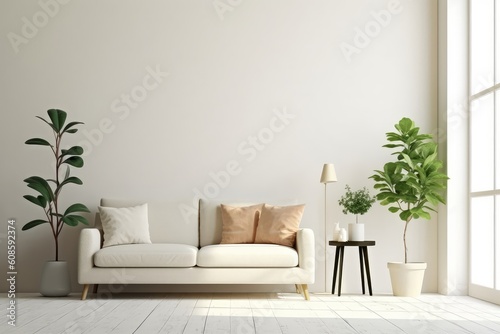 Simple living room interior with copy space on white background. Generative AI