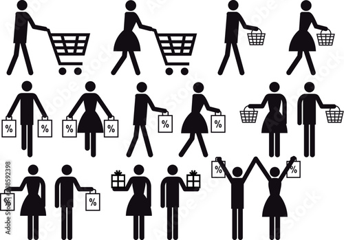 people with shopping cart and bag, vector icon set