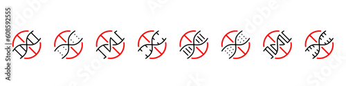 DNA with no sign icon set, no gmo, thin line icons, editable stroke