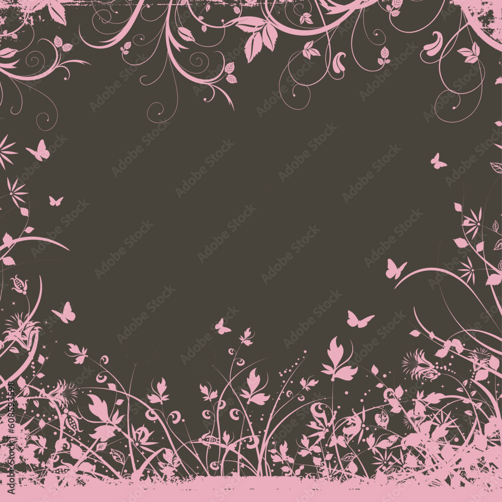 Decorative background with floral elements and butterflies