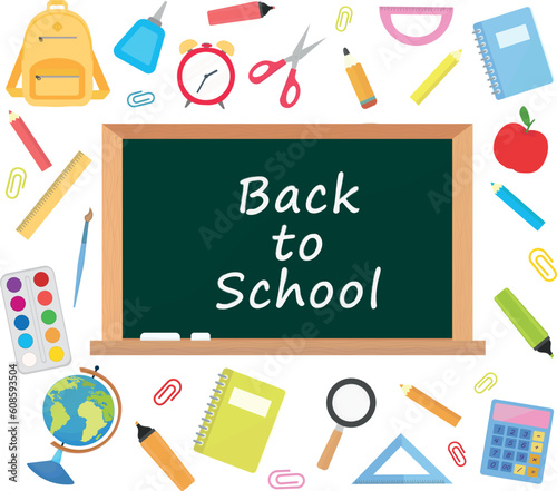 Blackboard with chalk and school supplies school vector illustration