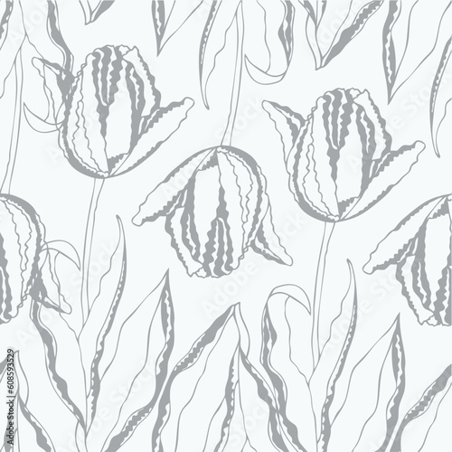 Seamless vector pattern with curl hand-drawn tulips
