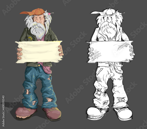 Homeless man with an empty plate in his hand. Vector illyustatsiya.