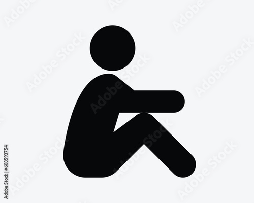 Stick Figure Sitting Icon. Stick Man Sit Up Down Floor Rest Male Person Boy Exercise Sign Symbol Black Artwork Graphic Illustration Clipart EPS Vector