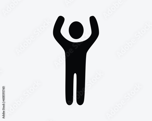 Stick Figure Raise Hand Icon. Stickman Man Person Raising Rejoice Praise Worship Joy Sign Symbol Black Artwork Graphic Illustration Clipart EPS Vector