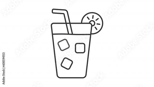 Animated lemonade glass line icon. Ice cubes falling animation. Summer refreshment. Cold drink. Thirst quench. Loop HD video with alpha channel, transparent background. Outline motion graphic photo