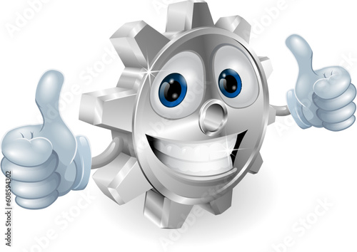 Illustration of gear cartoon character giving thumbs up cartoon character