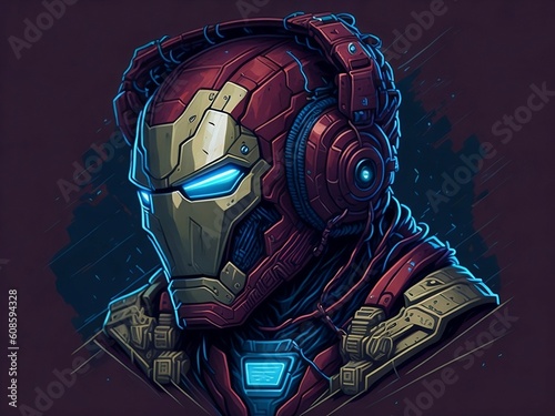Highly detailed, colorful graffiti-style vector t-shirt art of Iron Man wearing headphones, with a damaged mask covering his face.