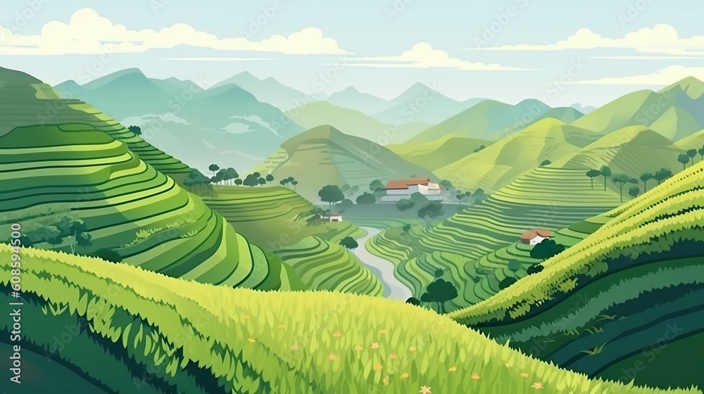 Background green rise terrace. The illustration is designed in a banner style and includes a breathtaking green rice terrace as a background. Generative AI.