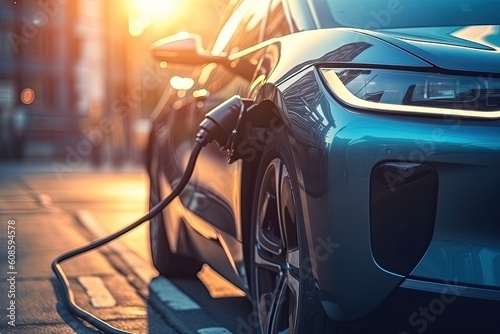 Electric car charging in the city, close-up. Electric vehicle concept © ttonaorh