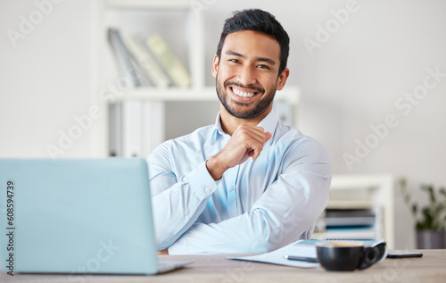 Portrait, business man and accountant smile in office, workplace or company. Face, happy and Asian male professional, entrepreneur or auditor from Singapore with success mindset for career or job.