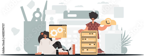 A collect of SEO stars. Synchronization and security of data capacity concept. Trendy style, Vector Illustration