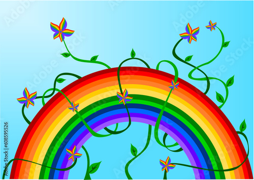 Illustration of rainbow with rainbow flowers and blue sky