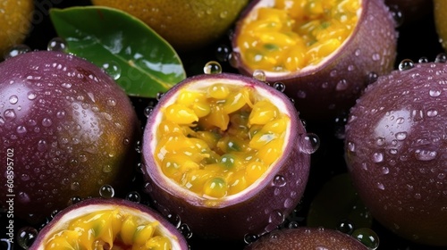 passionfruits wet and fresh macro shot