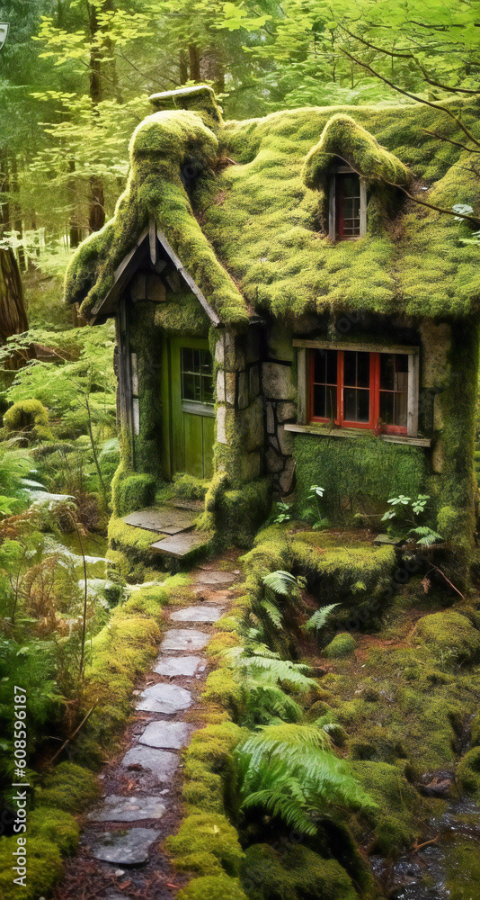 Old traditional house covered in moss. Created with Generative AI technology. Old traditional house covered in moss. Created with Generative AI technology.
