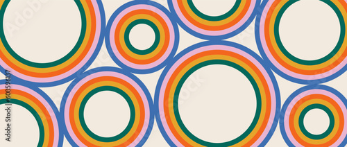 Groovy abstract background with rainbow colored circles. 60-70s style retro pattern with colorful stripes. Trendy psychedelic wave cartoon backdrop. Vintage hippie stripe print vector illustration