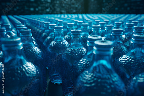 Bottling and production of blue carbonated drinks in glass bottles on the factory conveyor. Generative AI.