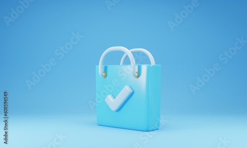 Blue shopping bag with checklist icon isolated on blue background. 3d rendering illustration