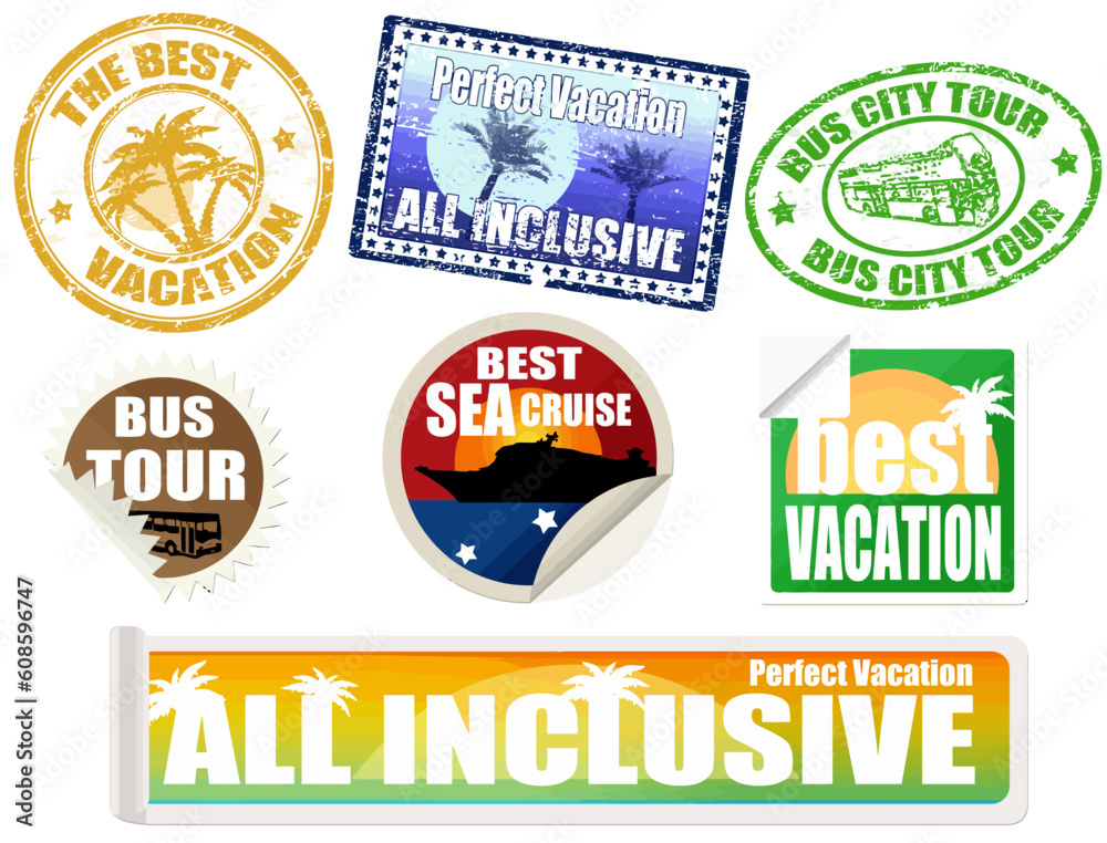 Naklejka premium Set of vacation labels and stamps, on white background, vector illustration