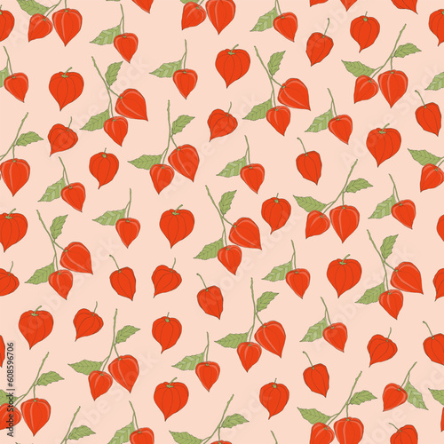 Seamless texture for summer design. Orange physalis on light background. Illustration can be used for templates, wallpaper, fabric. 