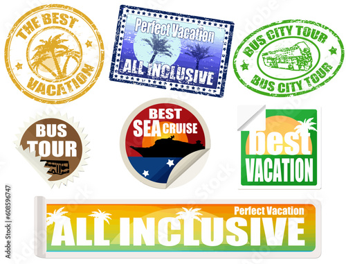 Set of vacation labels and stamps, on white background, vector illustration