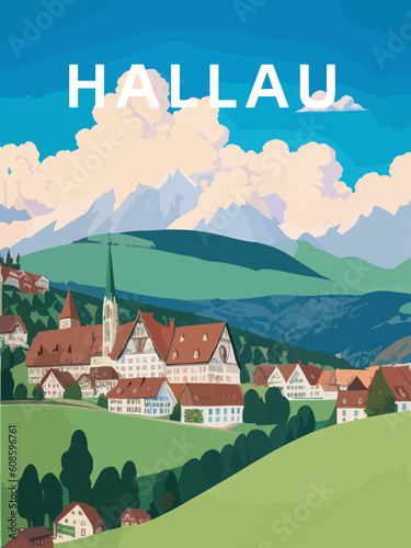 Hallau: Retro tourism poster with a Swiss landscape and the headline Hallau in Schaffhausen photo