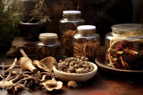Tabletop herbal medicine vignette with Red Ginseng. Generative AI
