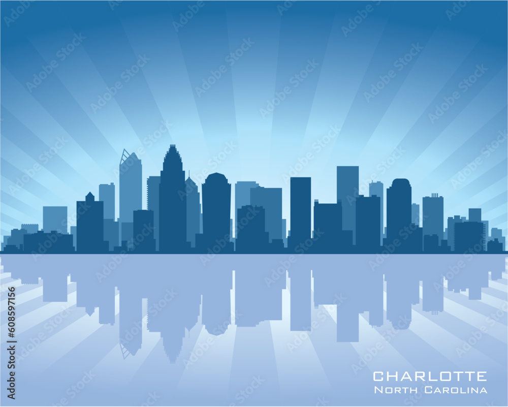 Charlotte, North Carolina skyline illustration with reflection in water