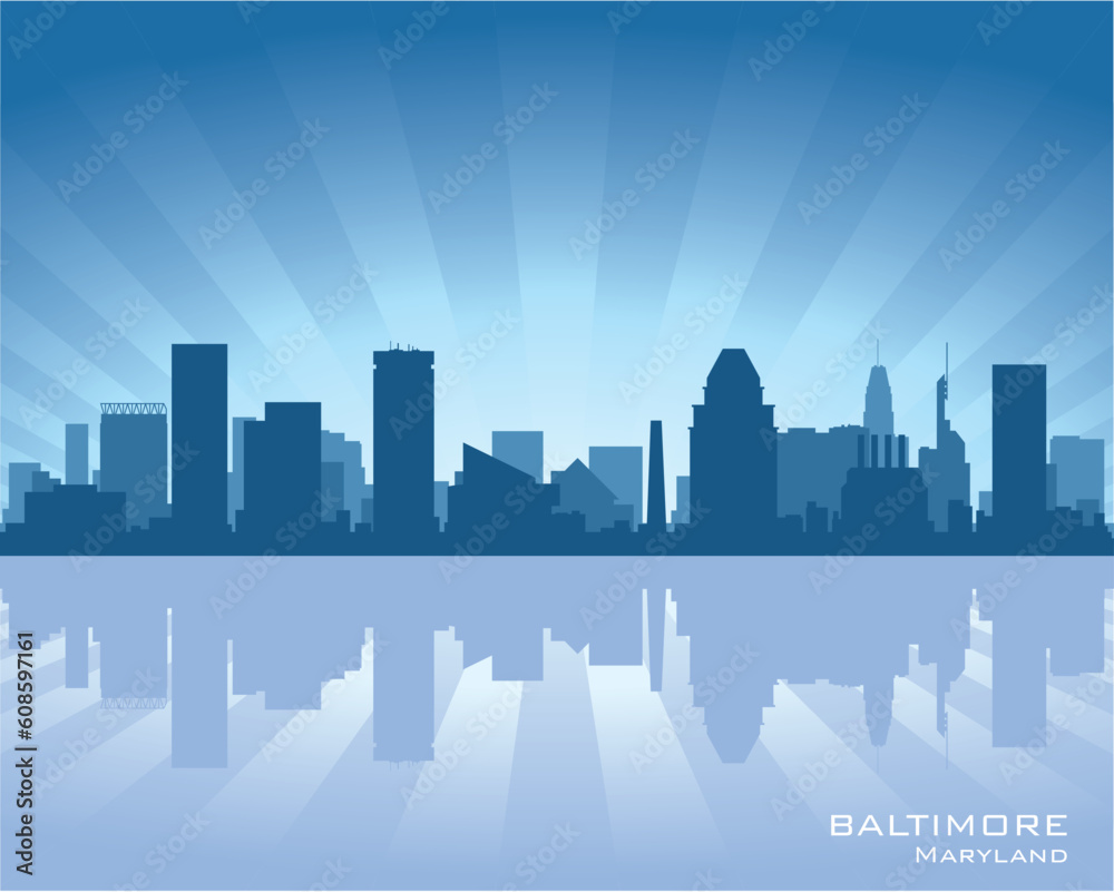 Baltimore, Maryland skyline illustration with reflection in water
