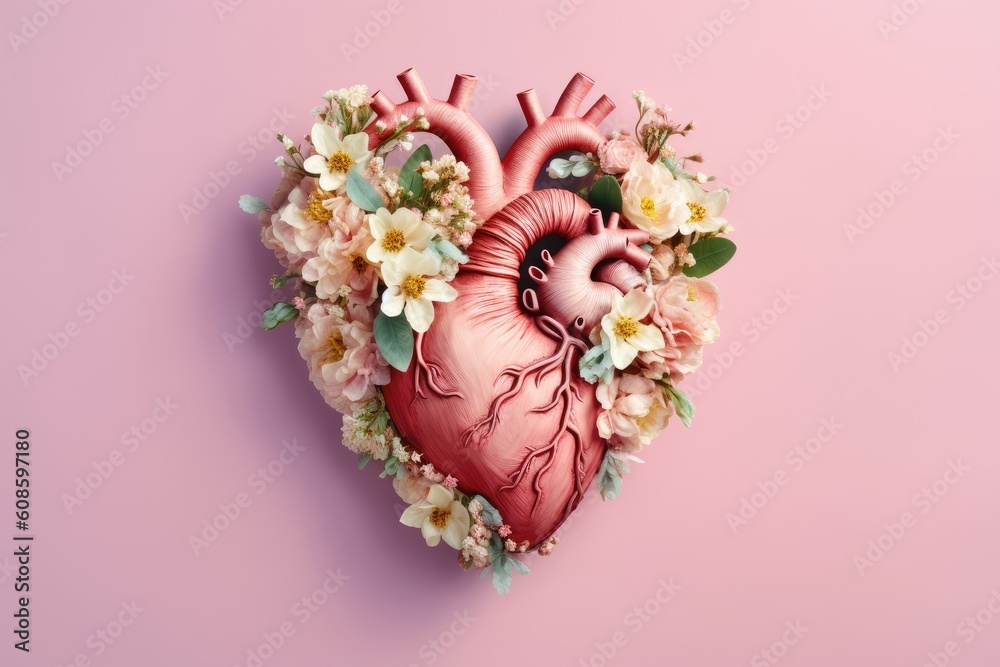 World Heart Day concept. Anatomical heart decorated with flowers on pink background. Creative concept. Generative AI.