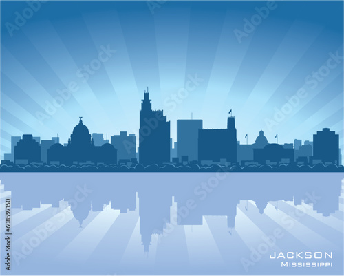 Jackson, Mississippi skyline illustration with reflection in water