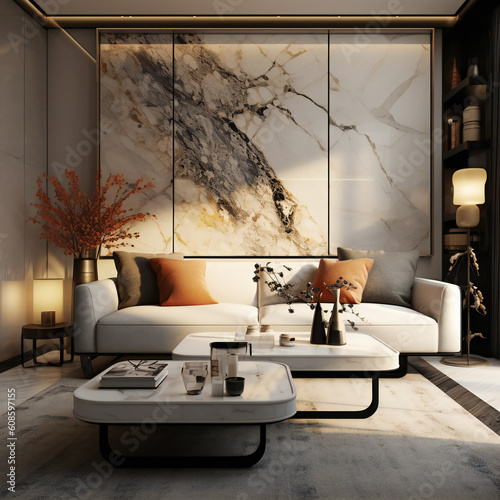 A modern bedroom featuring contemporary furniture, utilizing precious materials and incorporating a dimensional multilayered design inspired by the works of Dusan Djukaric， generated by AI photo
