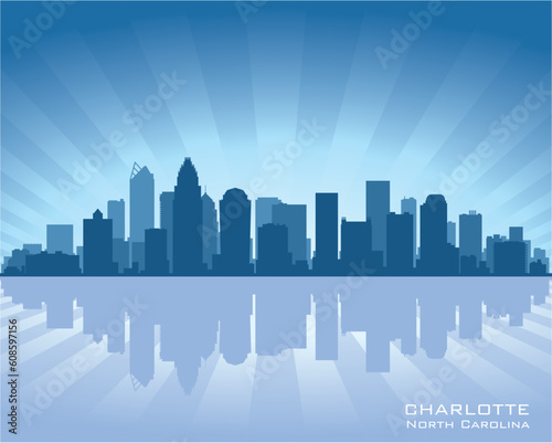 Charlotte  North Carolina skyline illustration with reflection in water